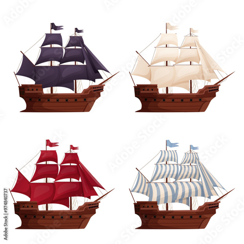 Old wooden ships. Cartoon sailing ship, scarlet sails wind sail boat pirate frigate warship longboat schooner, traditional ancient sailboat sea galleon vector illustration of boat or old ship