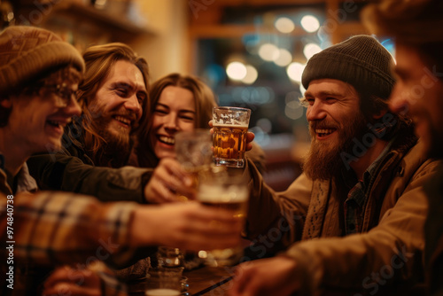 A group of people are laughing and drinking beer together