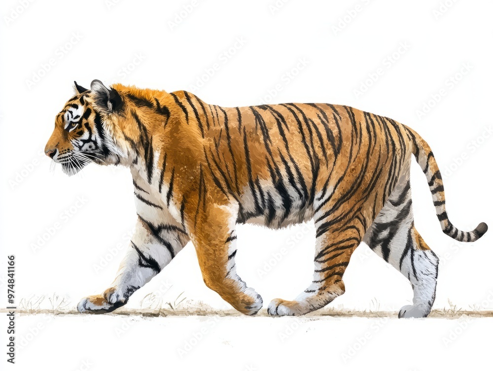 Obraz premium Side view of a tiger. Walking forward, white background. Digital painting