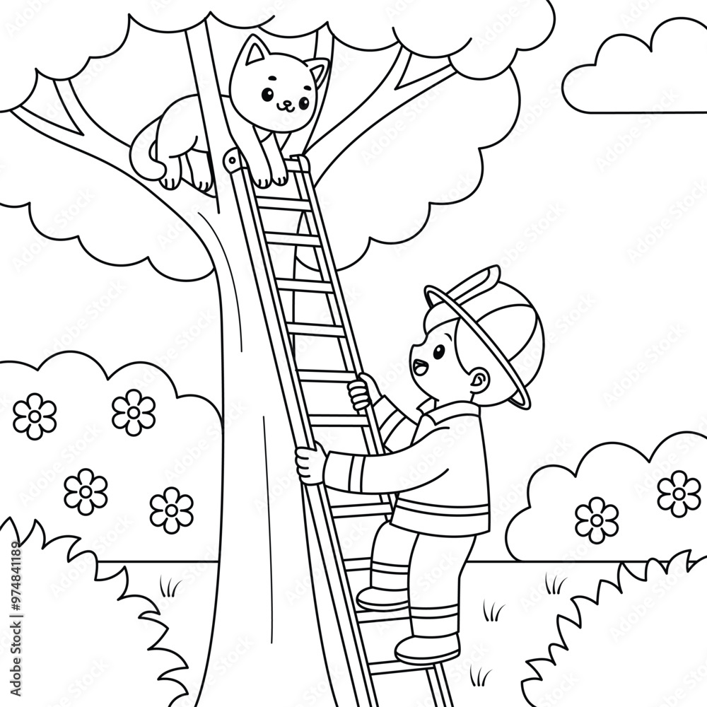 Firefighter saving a cat on a tree outline coloring page. Labor Day illustration