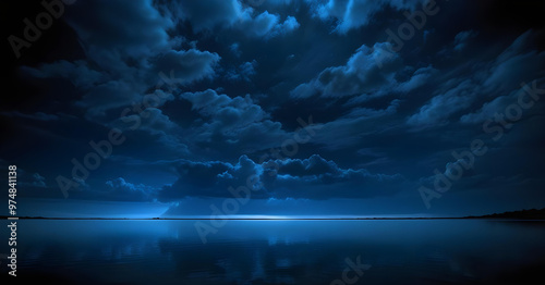 Dramatic dark night sky with dense clouds reflected on a calm water surface, creating a mysterious and tranquil atmosphere.
