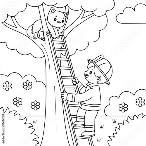 Obraz na płótnie Firefighter saving a cat on a tree outline coloring page. Labor Day illustration w salonie