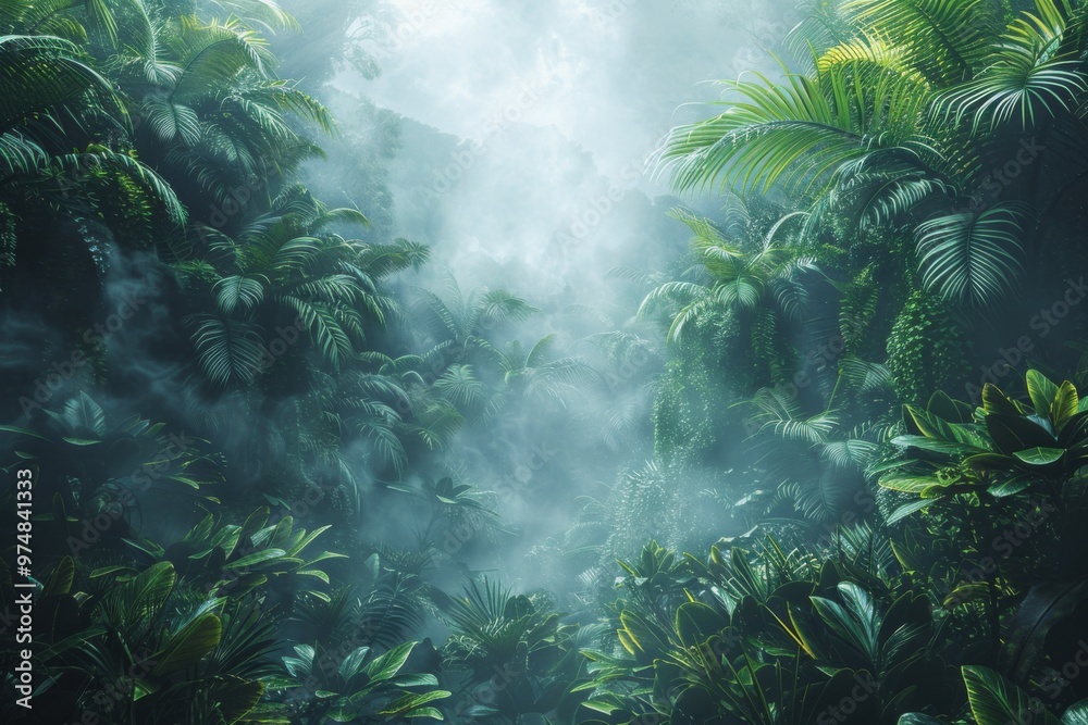 Obraz premium Mystical Jungle Path: Lush Greenery and Foggy Ambiance
