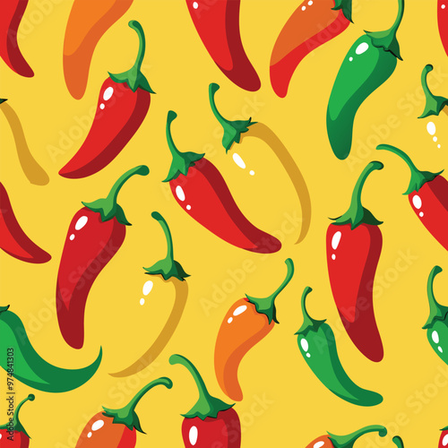 Seamless pattern of red, green and yellow hot chili peppers. red, green and yellow hot chili peppers.