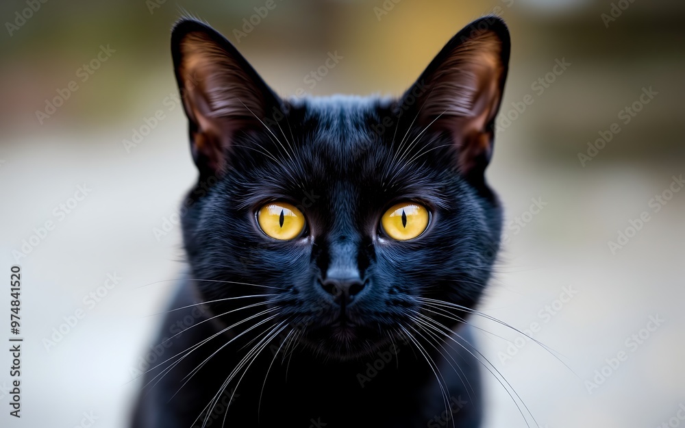 Black cat with yellow eyes, a mysterious and captivating portrait for Halloween.
Black cat with yellow eyes, a mysterious and captivating portrait for Halloween.