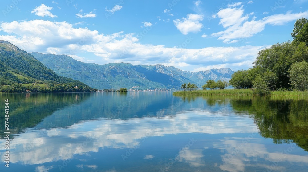 Tranquil Mountain Lake with Reflected Clouds and Lush Greenery Tranquil Mountain Lake with Reflected Clouds and Lush Greenery