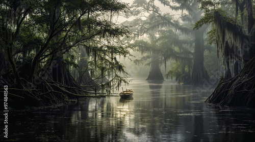 Bayou, an atmospheric wetlands, swamps, a river, cypress trees and low lush banks photo