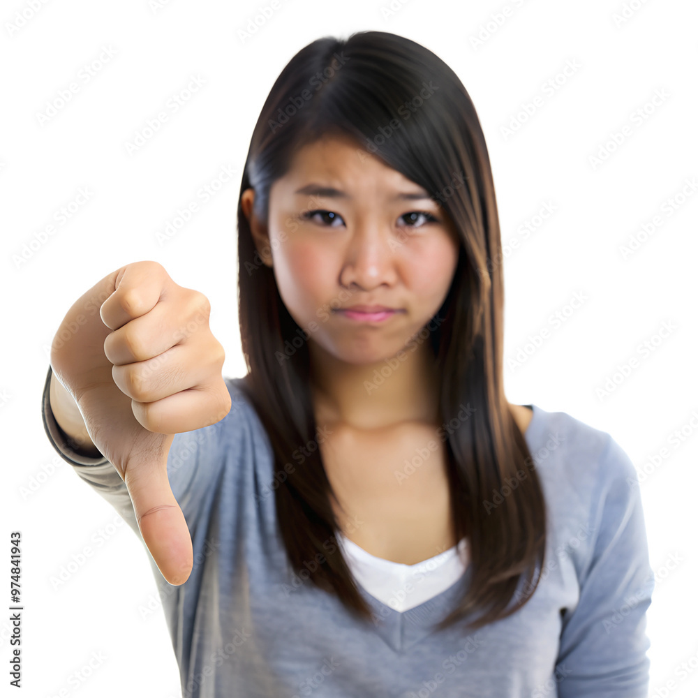 A young Asian female teenager shows disapproval with a thumbs down gesture, conveying frustration or disappointment in a clear expression. Isolated on transparent or white background. A young Asian female teenager shows disapproval with a thumbs down gesture, conveying frustration or disappointment in a clear expression. Isolated on transparent or white background.