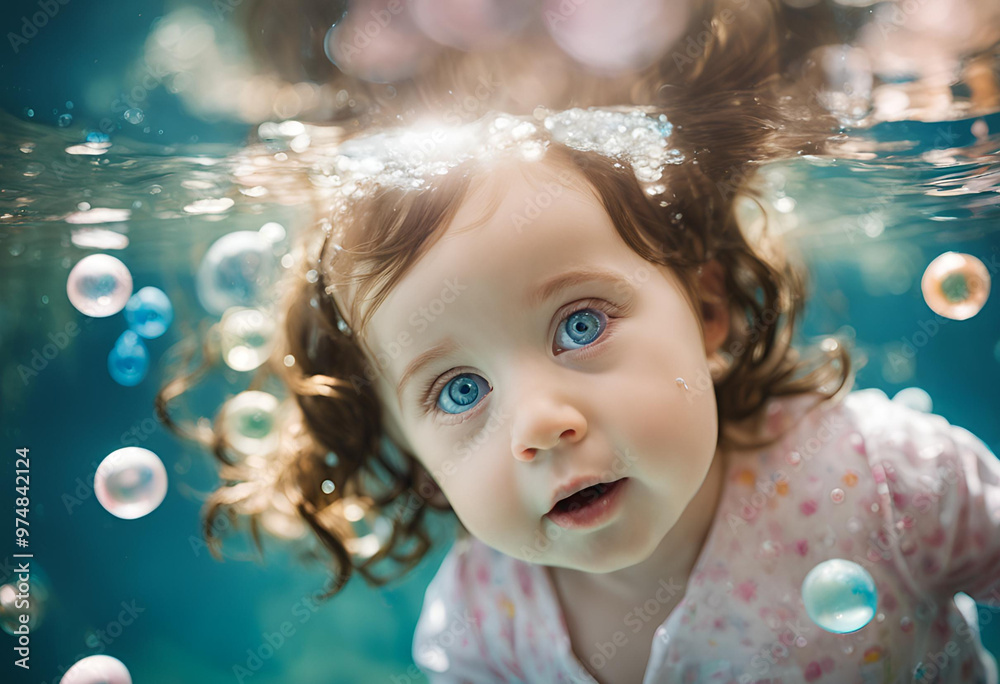 Baby girl with big blue eyes underwater with bubbles. Concept developing fine motor skills and health care of child. Generated AI