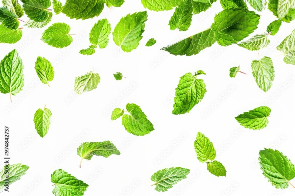 A group of green leaves float through the air, creating a whimsical scene A group of green leaves float through the air, creating a whimsical scene