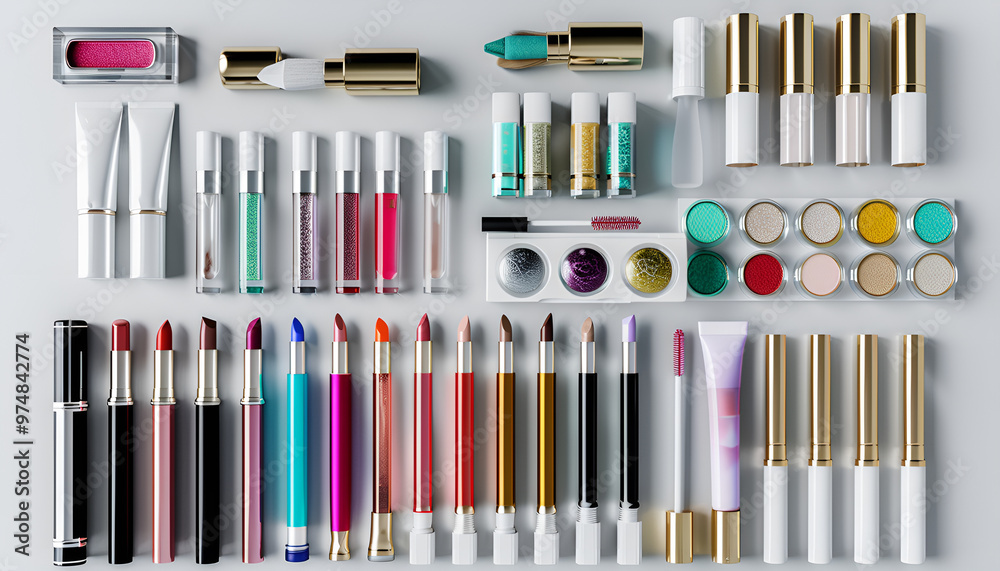 Set of different decorative cosmetics on white background, flat lay Set of different decorative cosmetics on white background, flat lay