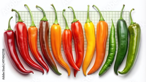 Colorful illustration compares pepper heat levels, from mild Anaheim to fiery Ghost, on a visually appealing rating photo