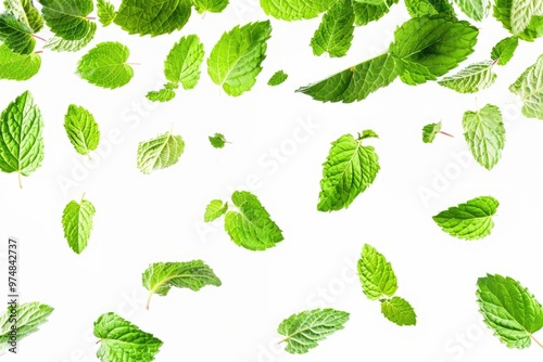 A group of green leaves float through the air, creating a whimsical scene