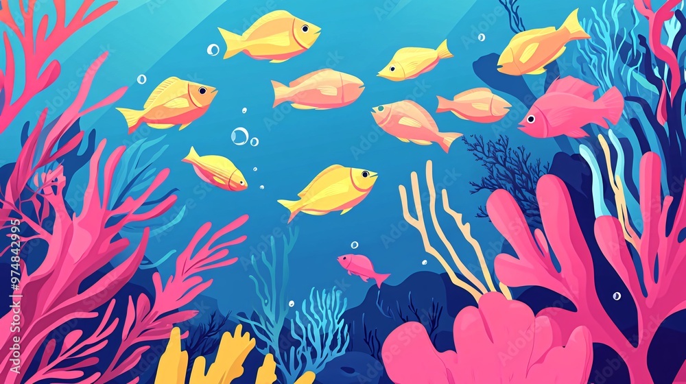 A vibrant underwater scene with a school of yellow fish swimming among colorful coral reefs and seaweed.