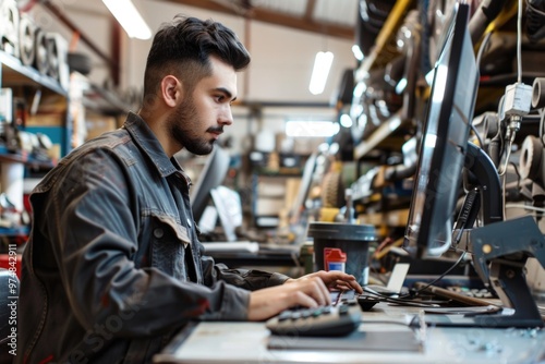 A person is working on a laptop in a well-lit workshop setting, possibly a DIY project or office space