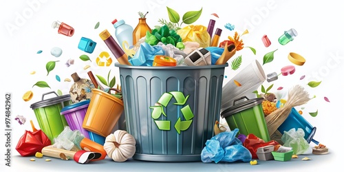 Colorful illustration of a overflowing trash can surrounded by discarded objects, trash bags, and recyclable materials, photo