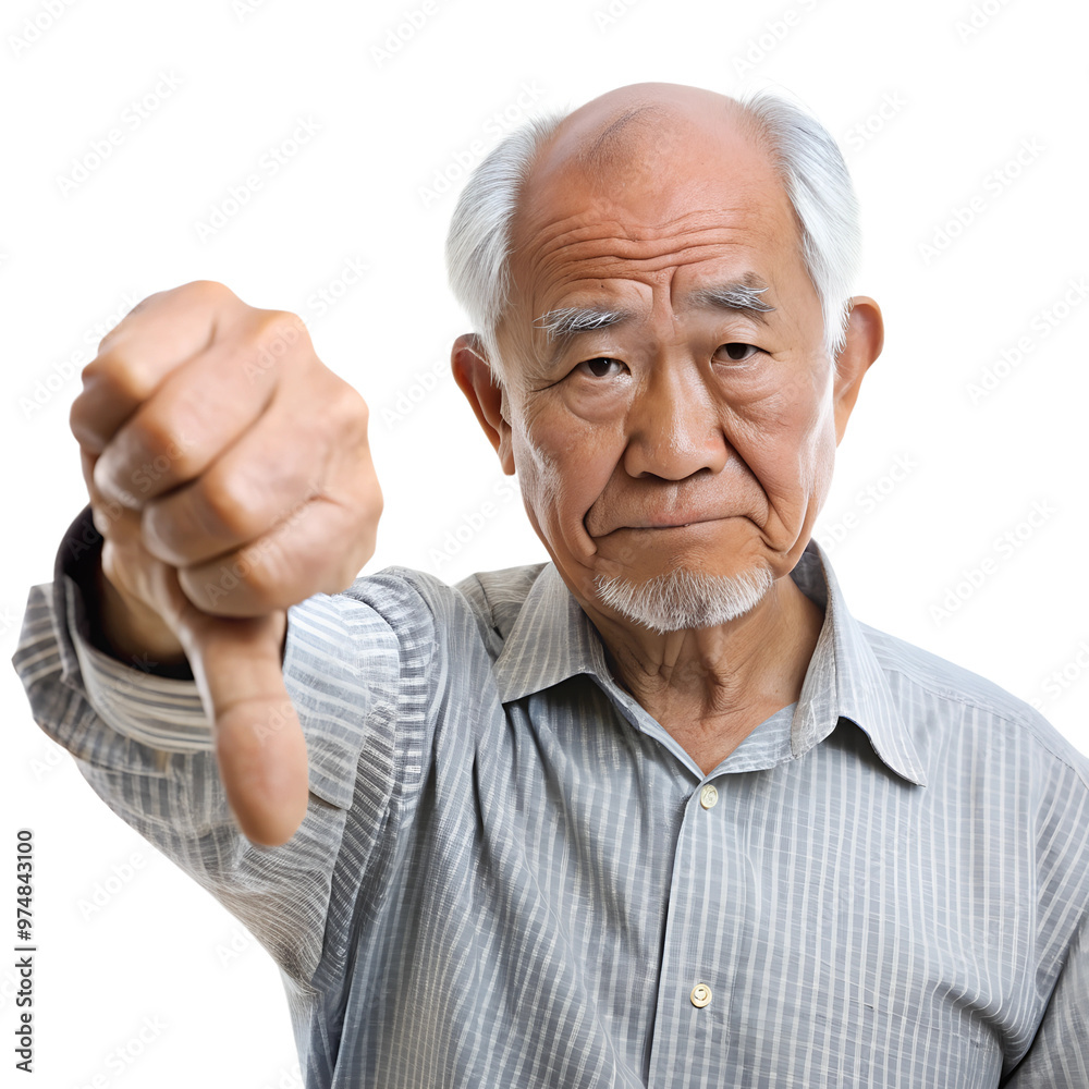 An elderly Asian man expressing disapproval with a thumbs down gesture, capturing a moment of negative feedback or criticism. Isolated on transparent or white background. An elderly Asian man expressing disapproval with a thumbs down gesture, capturing a moment of negative feedback or criticism. Isolated on transparent or white background.