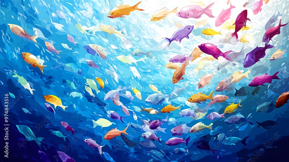 Fototapeta premium A vibrant underwater scene with a school of colorful fish swimming in the blue water. The light shines down from above, creating a shimmering effect.