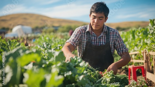 Close-up of a student working on a farm, harvesting vegetables helping with farm work. AI-generated image