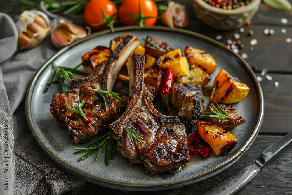 A plate of lamb and vegetables with a knife and a bowl of spices A plate of lamb and vegetables with a knife and a bowl of spices