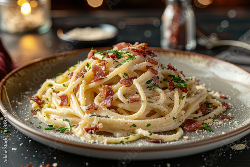 A plate of pasta with bacon and cheese on top photo