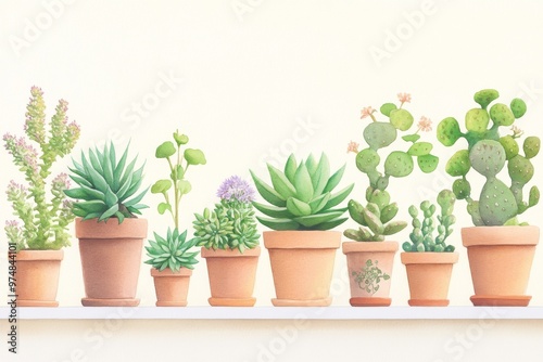 A vibrant collection of potted succulents arranged on a shelf, showcasing various shapes and textures.