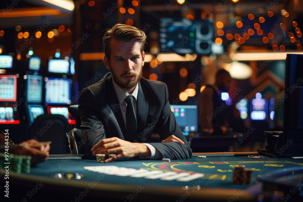 Fototapeta premium A man in a suit is sitting at a poker table