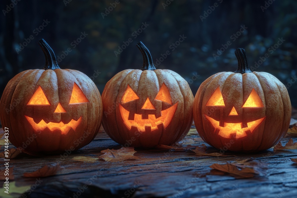Three Jack-O-Lanterns in a Forest Setting. Three Jack-O-Lanterns in a Forest Setting.