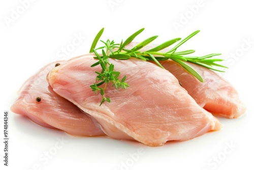 Fresh raw chicken paired with a fragrant sprig of rosemary, perfect for cooking or photography