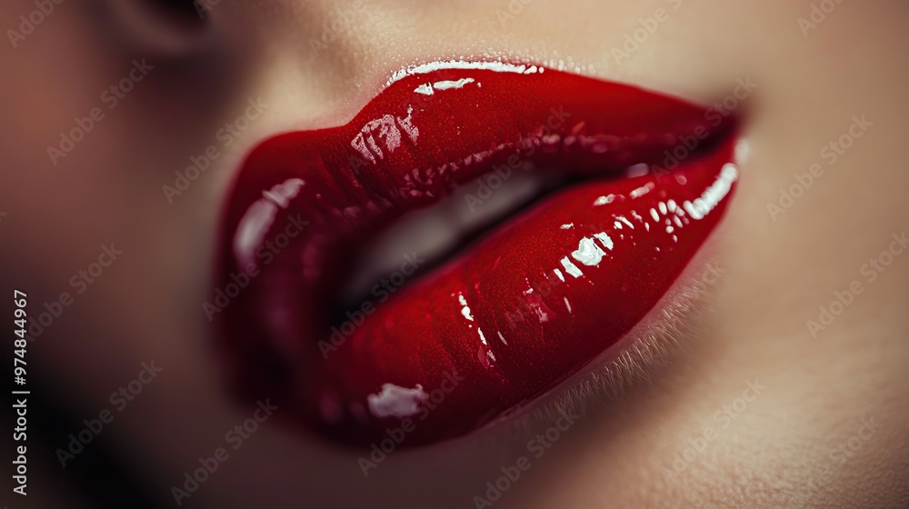 Obraz premium Macro shot of a woman's lips with red lipstick, showing the texture and glossiness in exquisite detail