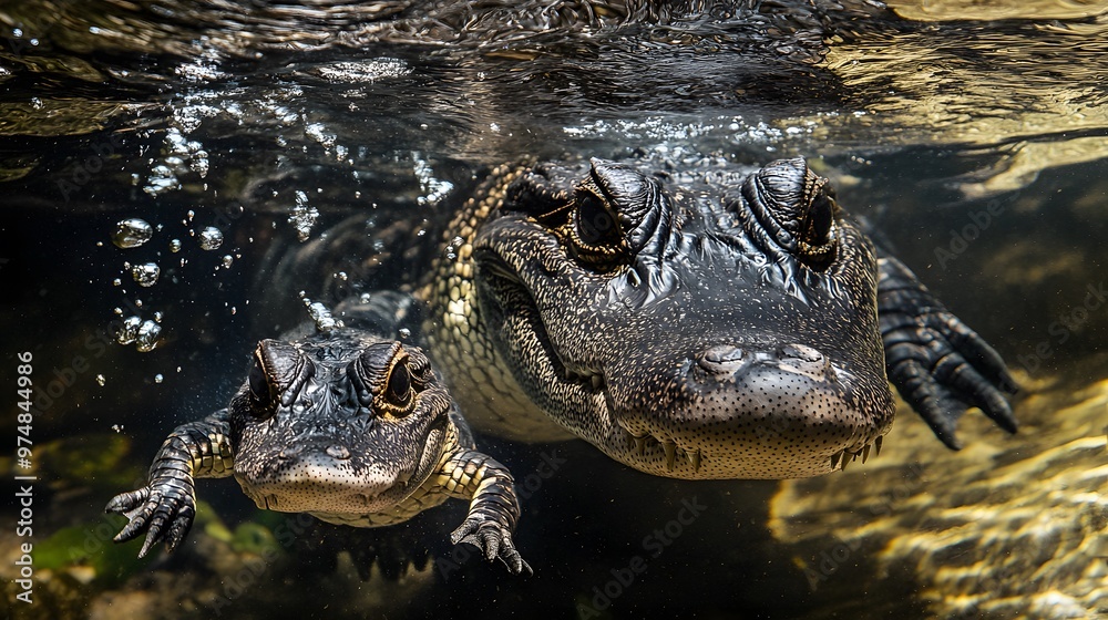 Mother Alligator Swimming with Her Baby in Crystal Clear Water with Air Bubbles, Photo Realistic, Standard Background, Wallpaper, Cover and Screen for Smartphone, PC, Laptop, 9:16 and 16:9 Format Mother Alligator Swimming with Her Baby in Crystal Clear Water with Air Bubbles, Photo Realistic, Standard Background, Wallpaper, Cover and Screen for Smartphone, PC, Laptop, 9:16 and 16:9 Format