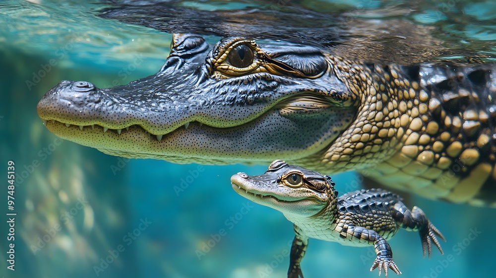 custom made wallpaper toronto digitalMother Alligator Swimming with Her Baby in Crystal Clear Water with Air Bubbles, Photo Realistic, Standard Background, Wallpaper, Cover and Screen for Smartphone, PC, Laptop, 9:16 and 16:9 Format