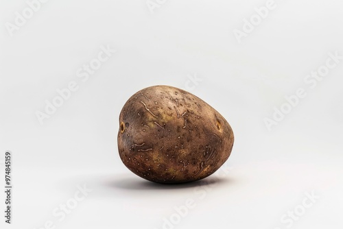 A single potato sits on a clean white surface