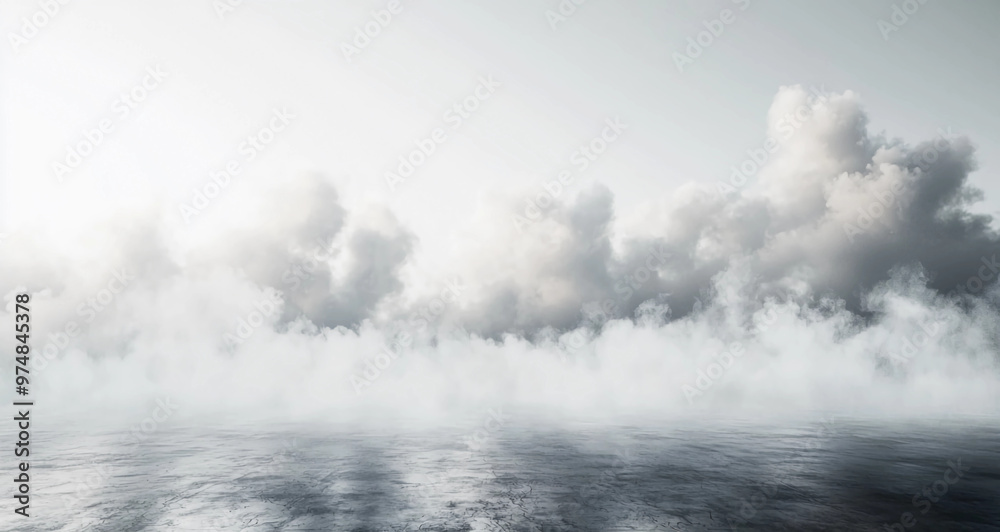 Thick White Fog and Smoke Clouds on a White Background with Morning Mist Over Ground or Water Surface in Perspective View Thick White Fog and Smoke Clouds on a White Background with Morning Mist Over Ground or Water Surface in Perspective View