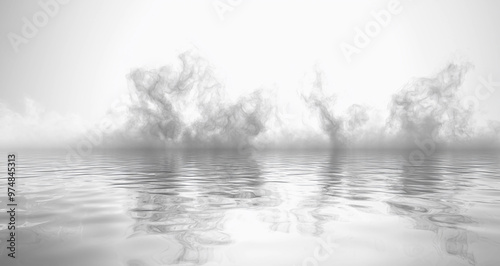 Thick White Fog and Smoke Clouds on a White Background with Morning Mist Over Ground or Water Surface in Perspective View