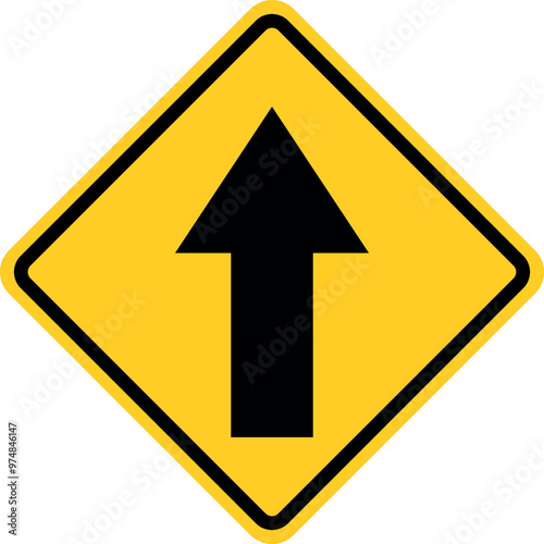 One way traffic sign. Direction of movement. Warning yellow diamond road sign. Diamond road sign. Rhombus road sign.