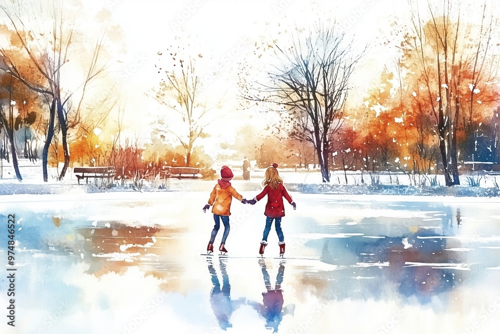 Two children ice skating hand in hand on a frozen lake during a vibrant winter day Two children ice skating hand in hand on a frozen lake during a vibrant winter day