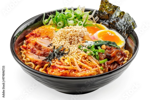 A hot and savory bowl of ramen noodles served with a boiled egg on the side