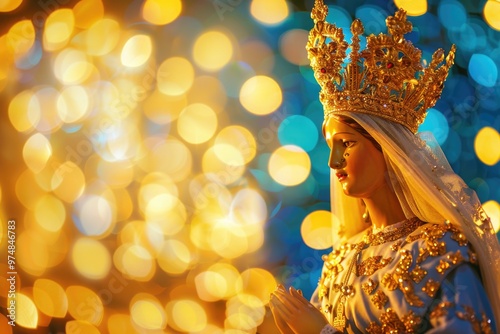 Close-up shot of a statue depicting a woman wearing a crown, suitable for use in historical or fantasy settings photo