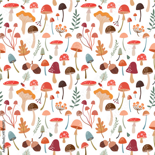 Autumn seamless pattern with different types of mushrooms, decorative wallpaper