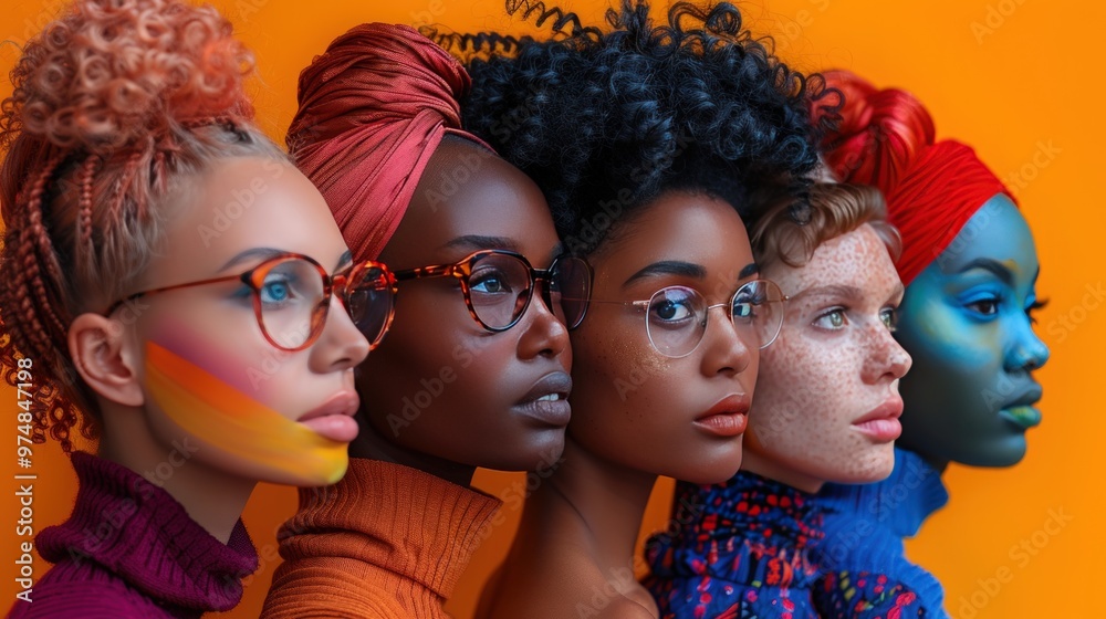Obraz premium Five diverse women wearing glasses and colorful head wraps, looking ahead with serious expressions on a bright orange background.