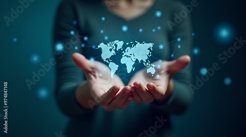 Metaverse Technology concepts. Woman hand holding global network connection. Internet communication, technology of wireless connection. Futuristic technology polygonal shapes. businesswoman background