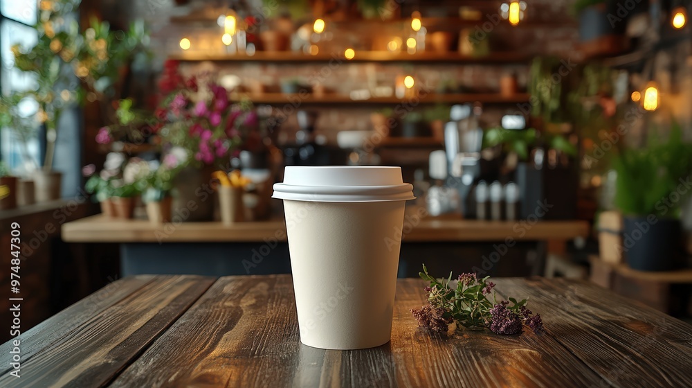 Paper coffee cup mockup with copy space on a blurred café background Paper coffee cup mockup with copy space on a blurred café background