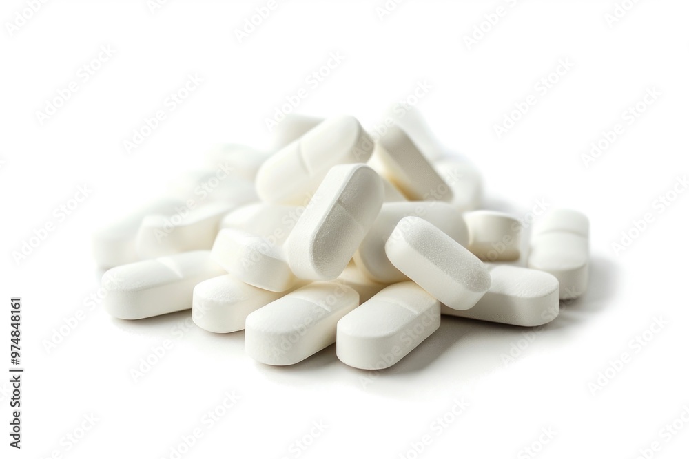 A collection of white pills arranged on a clean white surface A collection of white pills arranged on a clean white surface
