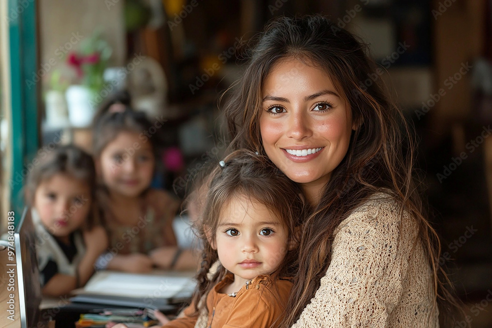 Fototapeta premium Latina Mother Balancing Small Business from Home and Family Life in an Authentic