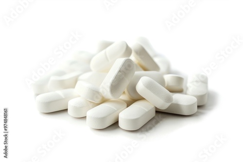 A collection of white pills arranged on a clean white surface