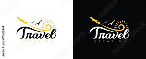 Summer Travel vector logo design, Modern bright sun travel, airplane, birds vector logo design