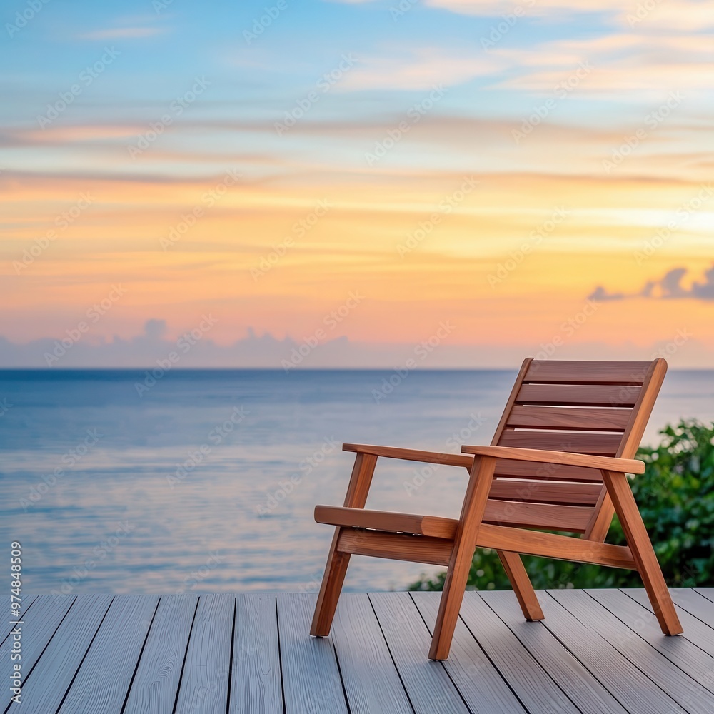 Outdoor teak wood lounge chair on a deck, overlooking a beach sunset, teak outdoor furniture, luxury lifestyle Outdoor teak wood lounge chair on a deck, overlooking a beach sunset, teak outdoor furniture, luxury lifestyle