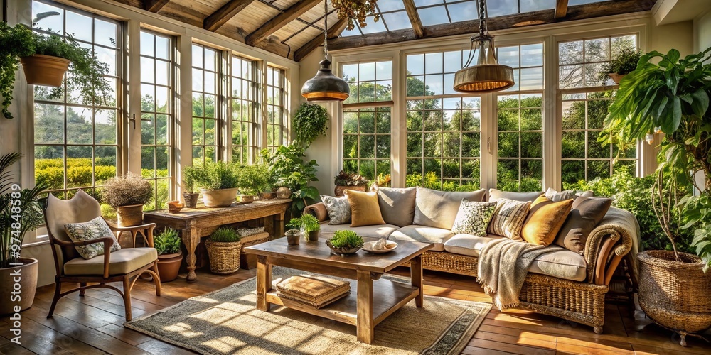 Fototapeta premium Cozy farmhouse sunroom with rustic wooden furniture, natural textiles, and vintage decorative accents, surrounded by