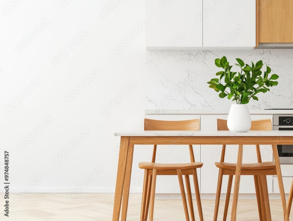 Fototapeta premium Polished teak wood dining set in a modern kitchen with sleek appliances and marble countertops, teak wood furniture, kitchen sophistication